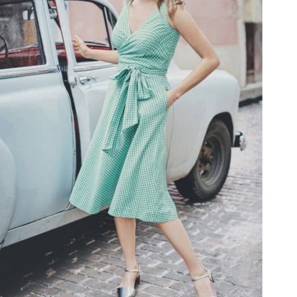 Boden Riviera Green Gingham Wrap Dress
